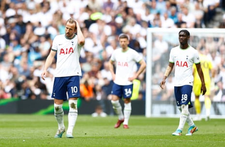 Tottenham Hotspur's Harry Kane and Yves Bissouma react after Brentford's Bryan Mbeumo scores their second goal.