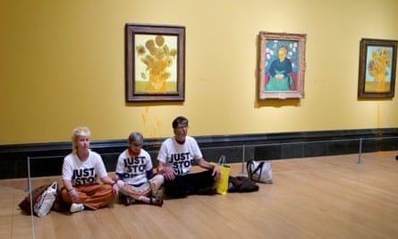 Just Stop Oil activists poured soup over two Vincent Van Gogh paintings in London’s National Gallery on 27 September, just hours after two members of the group were jailed for damaging the gold frame of the artist’s Sunflowers in 2022.