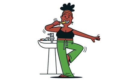 An illustration showing a woman brushing her teeth while standing on one leg