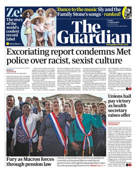 Guardian front page, Friday 17 March 2023