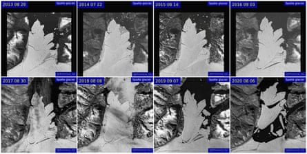 Satellite images of the disintegration of the Spalte glacier in northeast Greenland between 2013 and 2020.