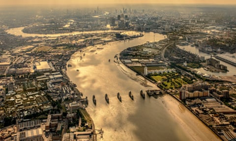Aerial view of the Thames and Thames Barrier.