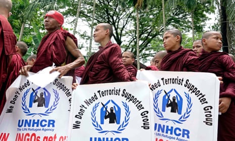 Buddhist monks protest against what they say is UNHCR support for Rohingya militants.