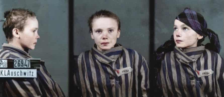 A triple head shot of 14-year-old Czeslawa Kwoka, photographed at Auschwitz: black and white image coloured by artist Marina Amaral