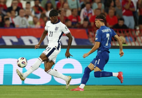 Noni Madueke in action with Serbia's Veljko Birmancevic