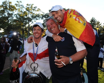 A youthful Rory McIlroy (left) enjoys Europe’s miracle at Medinah at the 2012 Ryder Cup with Darren Clarke (centre) and Sergio García.