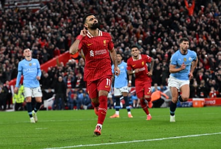 Mo Salah of Liverpool celebrating after scoring the second goal against Manchester City at Anfield.