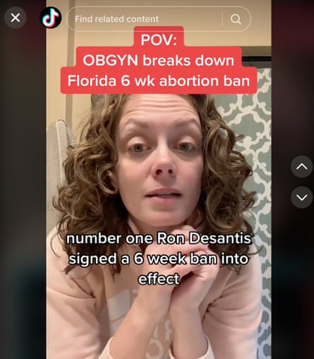 tiktok screen grab shows woman speaking under words “POV: OBGYN breaks down florida 6 wk abortion ban”
