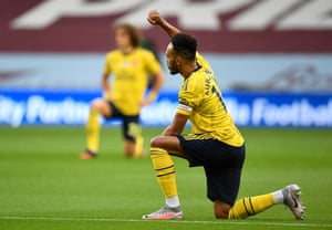Arsenal’s Pierre-Emerick Aubameyang takes a knee in support of Black Lives Matter.