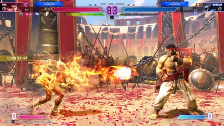 Dhalsim dispara uma chama de ioga em Ryu em Street Fighter 6.