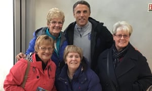 Members of the 1970 Corinthians team, Margaret Shepherd, Anne Grimes, Pauline Quayle and Margaret Whitworth, meet the England women’s coach, Phil Neville.