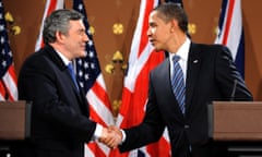 Gordon Brown and  Barack Obama shake hands following a press conference at the Foreign and Commonwealth Office in London, 2009.