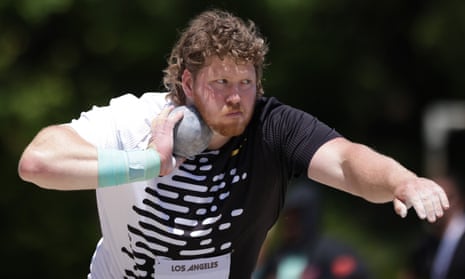 Ryan Crouser competes in the shot put during the 2023 USATF LA Grand Prix at UCLA's Drake Stadium on Saturday in Los Angeles, California.