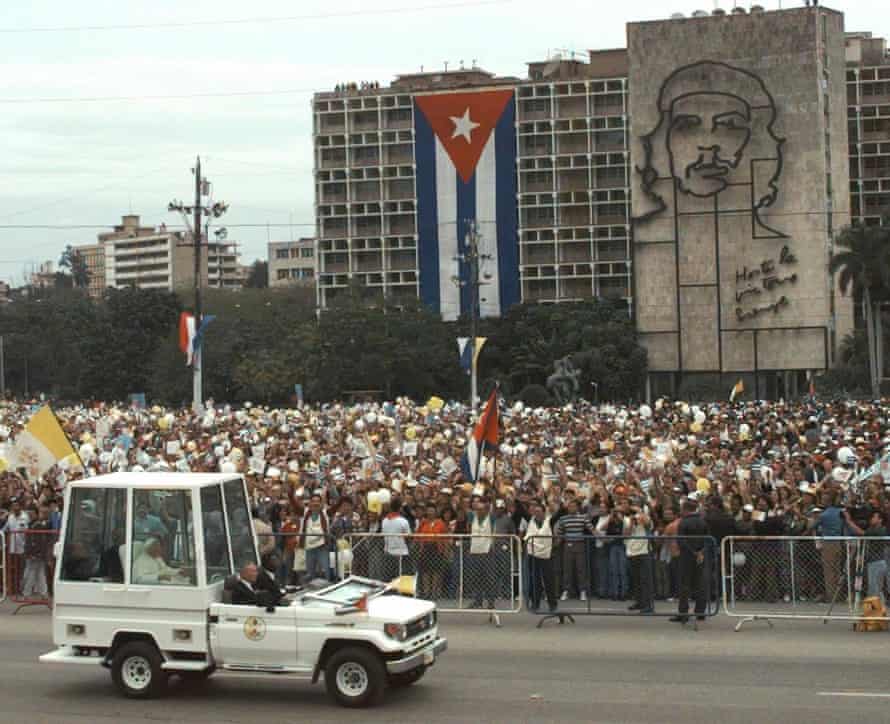 Pope John Paul II arrives to Plaza of the Revolution to celebrate mass in Havana in 1998. Bishops say John Paul arrived as a ‘messenger’, while Francis will come as a ‘missionary’.