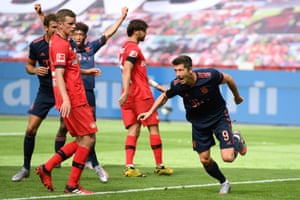Bayern Munich’s Robert Lewandowski celebrates scoring their fourth goal,