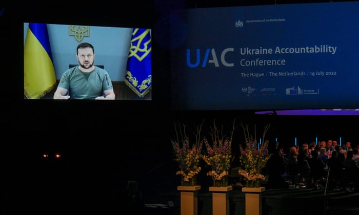 Ukraine President Volodymyr Zelenskiy addresses the Ukraine Accountability Conference in The Hague, Netherlands.