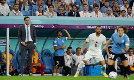 Uruguay coach Diego Alonso (left) watches on as his side try and fail to find a late third goal.