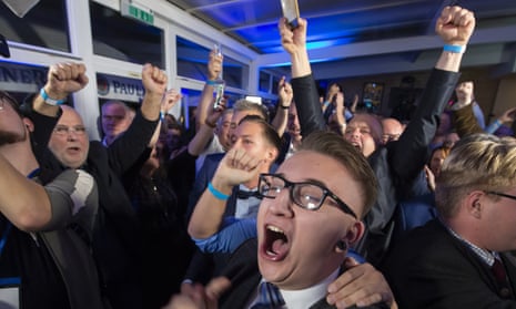 Supporters of the far-right AfD celebrate after the first results of local elections in Erfurt, Germany, in October 2019