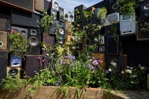 Flowers growing among speakers