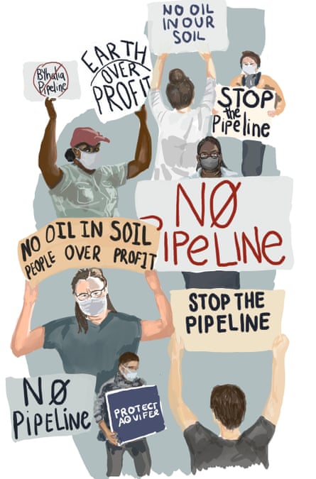 Illustration of people protesting the Byhalia crude oil pipeline. 