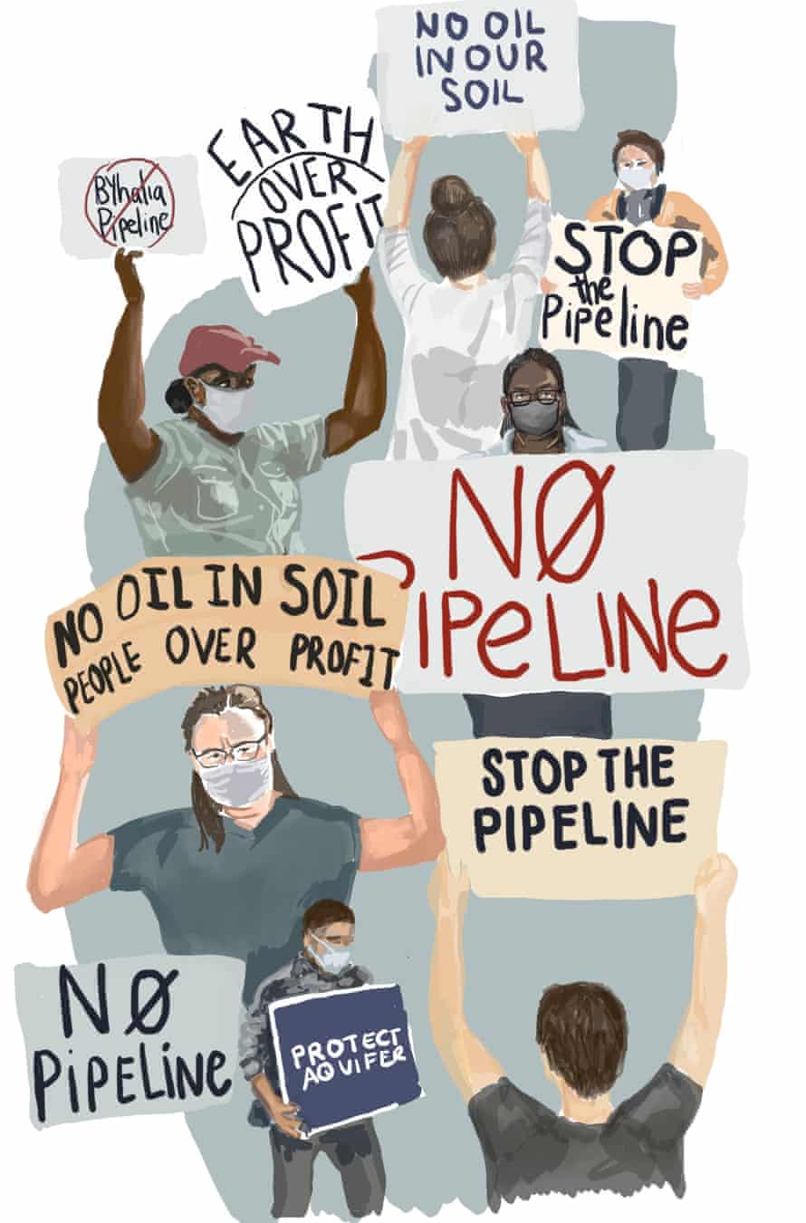 Illustration de personnes protestant contre l'oléoduc de pétrole brut de Byhalia. 