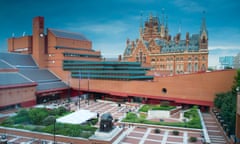 View across the British Library to the St Pancras hotel and railway station, London, England. The Alan Turing Institute is located on the first floor of the British Library, 96 Euston Road, London