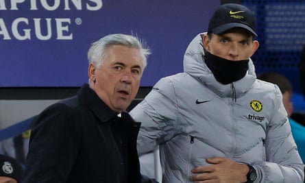 Ancelotti and Chelsea manager Thomas Tuchel during Real Madrid’s 3-1 first-leg win at Stamford Bridge last week.