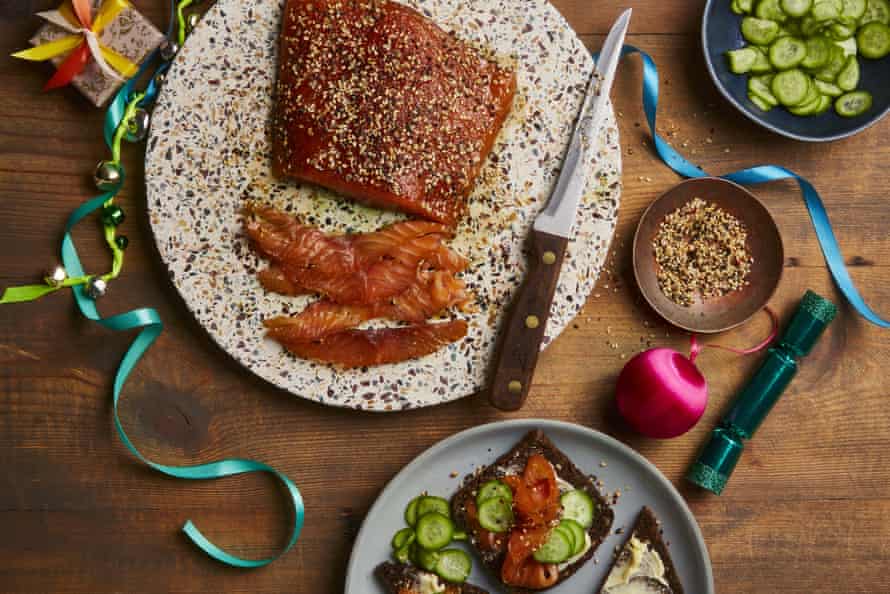 Yotam Ottolenghi's salmon sake with sesame nuggets and pickles.