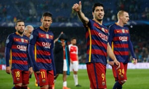 Barcelona’s Luis Suarez and Neymar celebrate on their lap of honour.