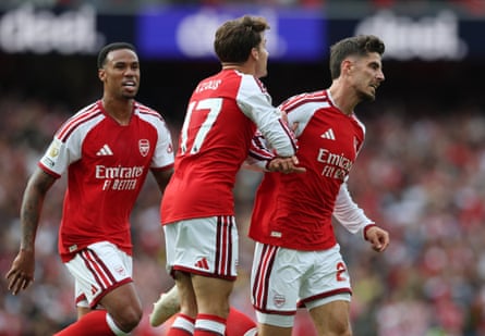 Kai Havertz celebrates scoring Arsenal’s first goal with Christos Tzolis and Gabriel