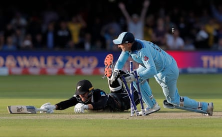 Jos Buttler runs out Martin Guptill to win the 2019 Cricket World Cup for England.