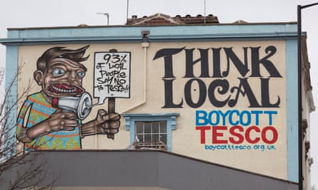 Boycott Tesco graffiti in Stokes Croft, Bristol, where a riot broke out after police engaged with protesters against the opening of the city’s 32nd Tesco branch.
