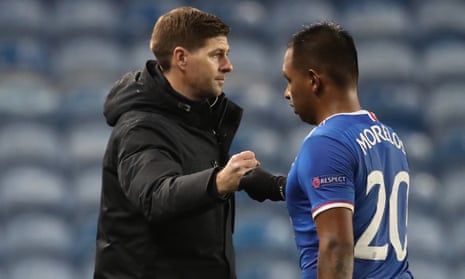 The Rangers manager Steven Gerrard with Alfredo Morelos after a Europa League game last season. The club play Brøndby in the competition on Thursday.