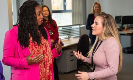 Dawn Butler, shadow women and equalities secretary, left, speaks to Chloe Prior of Dignity UK, during a visit to launch Labour’s plan for women in the workplace, at the Business and Technology Centre, in Stevenage, Hertfordshire