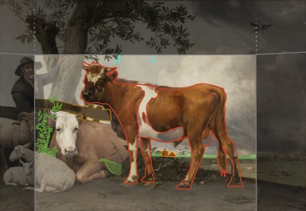 Computer-generated image delineating the outline of the bull and how it changed between sketches and the final painting