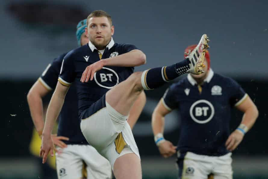 Finn Russell kicks a penalty into the corner during Scotland’s Twickenham triumph.
