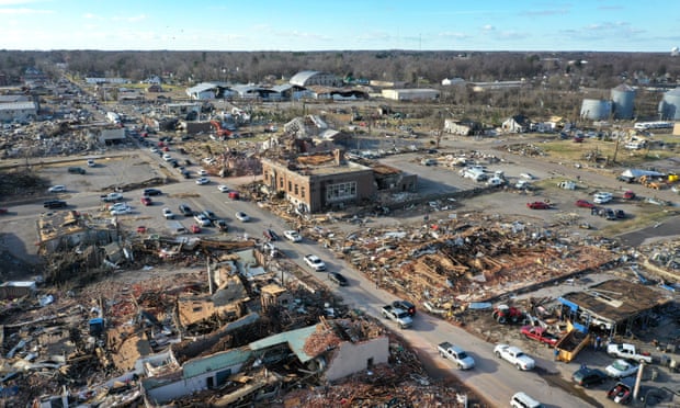An aerial view of the destruction in Mayfield, Kentucky, after a tornado ripped through the town.