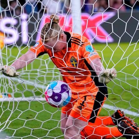 Sweden goalkeeper Hedvig Lindahl appears dejected after failing to stop England’s Fran Kirby from scoring her side’s fourth goal of the game.