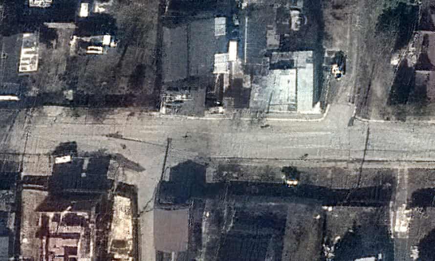This satellite image released by Maxar Technologies shows a view of Yablonska Street in Bucha, Ukraine.