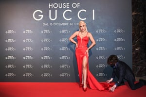US singer and actor Lady Gaga poses on the red carpet at the premiere of the film House of Gucci in Milan, Italy