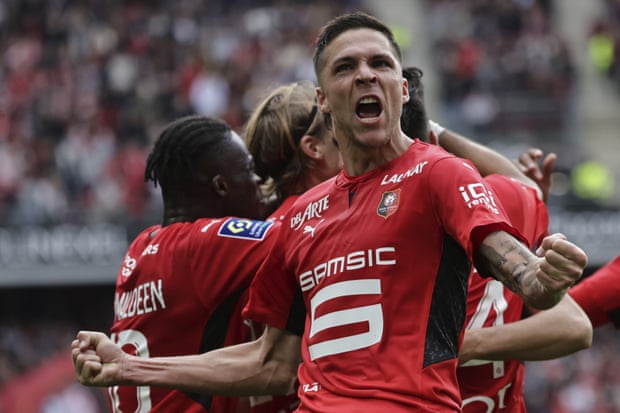 Jonas Martin celebrates a goal for Rennes last season