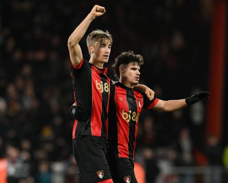 Dean Huijsen and Milos Kerkez celebrate a Bournemouth goal