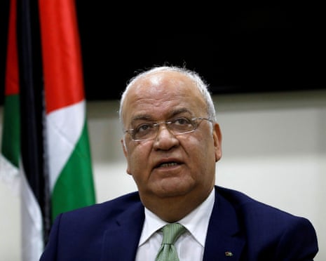 FILE PHOTO: Chief Palestinian negotiator Saeb Erekat looks on during a news conference following his meeting with foreign diplomats in Ramallah, in the Israeli-occupied West Bank<br>FILE PHOTO: Chief Palestinian negotiator Saeb Erekat looks on during a news conference following his meeting with foreign diplomats, in Ramallah, in the Israeli-occupied West Bank January 30, 2019. REUTERS/Mohamad Torokman/File Photo