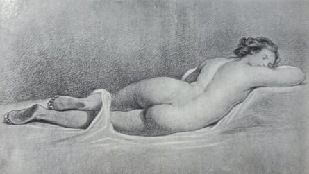 Drawing of Mary Paterson lying naked on her side with her bottom visible and her head slightly turned to look back at the viewer