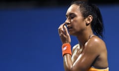 Heather Watson reacts during her first round loss to Timea Babos.