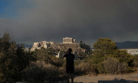 The Parthenon temple under a sky thick with smoke
