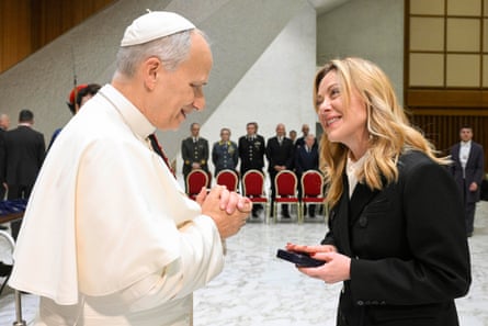 Pope Leo XIV greeting the Italian prime minister, Giorgia Meloni, in January.