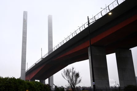 Graffiti is seen on the eastern pylon of the Bolte Bridge.
