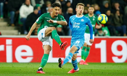 William Saliba (left) in action for Saint-Étienne against Marseille in February.