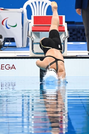 China’s Jiang Yuyan competes in the women’s 50m butterfly S6 swimming final.